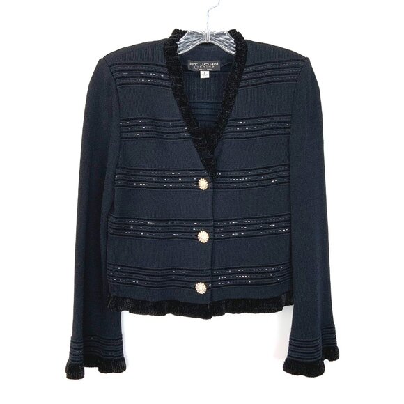 St. John Evening Black Sparkle Ruffle Jacket Santana Knit Sz 2-4 - Picture 5 of 16